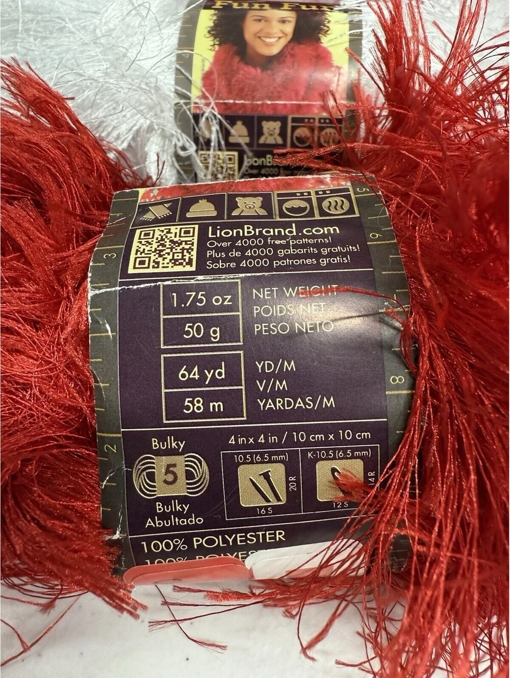 Lions Brand Yarns Fun Fur100% Polyester 2 White 5 Red 7 Skein Lot